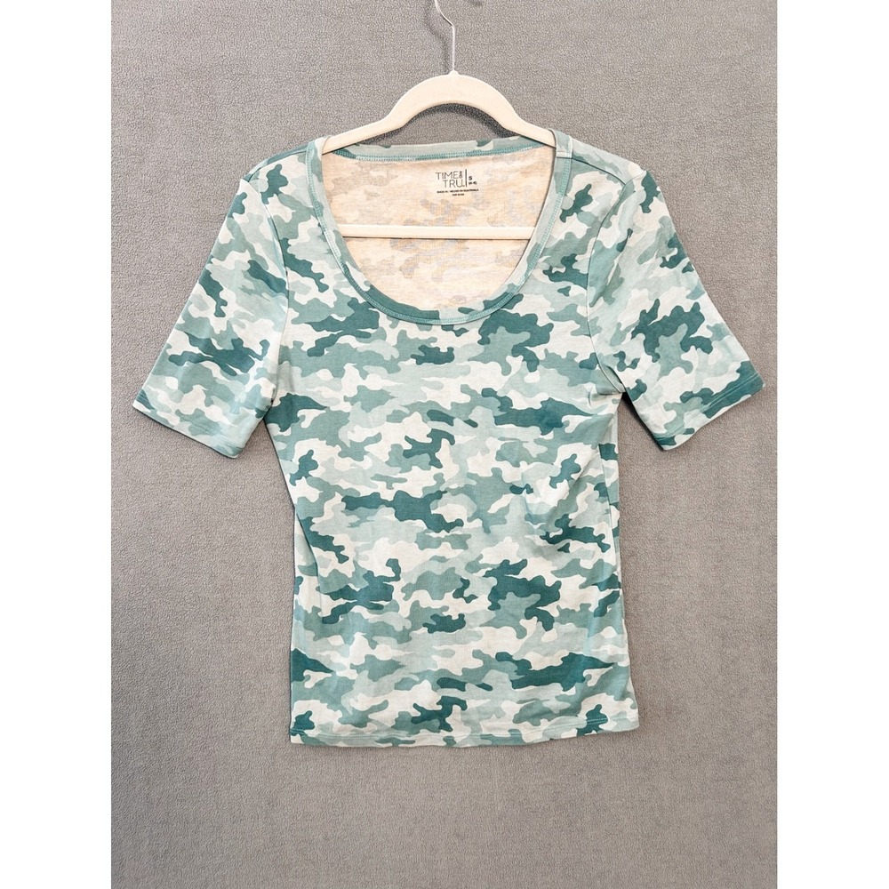 Time and Tru Womens Camo Scoop Neck T-Shirt Blue White Cotton Short Sleeve S 4-6